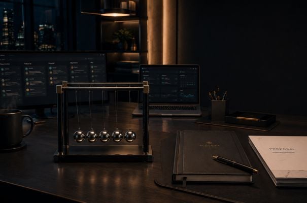 Organisierter Executive-Arbeitsplatz mit vollständig aufgebautem Newton-Pendel, CRM-System, strukturierten Dokumenten und klaren Arbeitsabläufen. Das Bild symbolisiert operative Klarheit, funktionierende Kundenprozesse, Kontrolle und einen strukturierten Geschäftsalltag