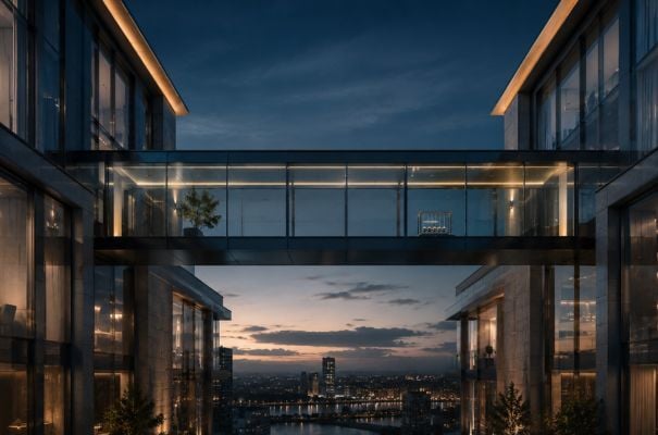 Zwei moderne Geschäftsgebäude, verbunden durch eine elegante Glasbrücke bei Abenddämmerung. Das Bild symbolisiert klare Kommunikation, Vertrauen, vernetzte Kundenbeziehungen und strukturierte Zusammenarbeit zwischen Menschen, Abteilungen und Prozessen