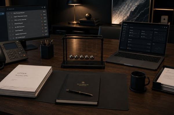Modern organisierter Executive-Arbeitsplatz mit strukturierten Dokumenten, ruhigem Newton-Pendel und klar angeordneten CRM-Systemen. Das Bild symbolisiert operative Klarheit, strukturierte Kundenprozesse, Ordnung und kontrollierte Geschäftsabläufe