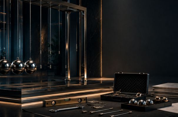 Unvollständiges Newton-Pendel in einer modernen Premium-Architektur mit fehlenden Kugeln, hängenden Drähten und bereitliegenden Werkzeugen. Das Bild symbolisiert ein gekauftes CRM-System, das noch nicht vollständig implementiert wurde und deshalb noch keine strukturierte Prozesssteuerung ermöglicht
