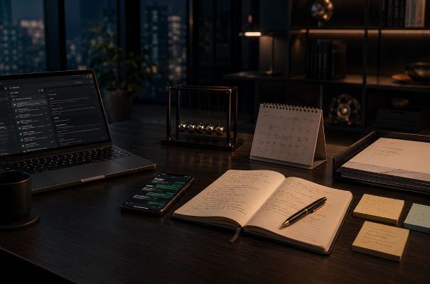 Moderner Executive-Arbeitsplatz mit E-Mails, Smartphone-Nachrichten, Kalender, Kundennotizen und Angebotsunterlagen auf verschiedenen Informationsquellen verteilt. Das Bild symbolisiert fragmentierte Kundenkommunikation, fehlende Systemvernetzung und verstreutes Wissen im Unternehmensalltag