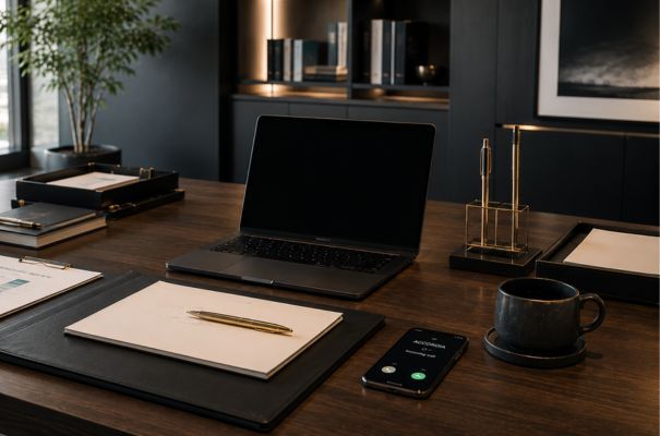Modern organisierter Executive-Arbeitsplatz mit Laptop, strukturierten Unterlagen und eingehendem Anruf auf dem Smartphone. Das Bild symbolisiert klare Prozesse, professionelle Kundenkommunikation, Ordnung und kontrollierte Geschäftsabläufe