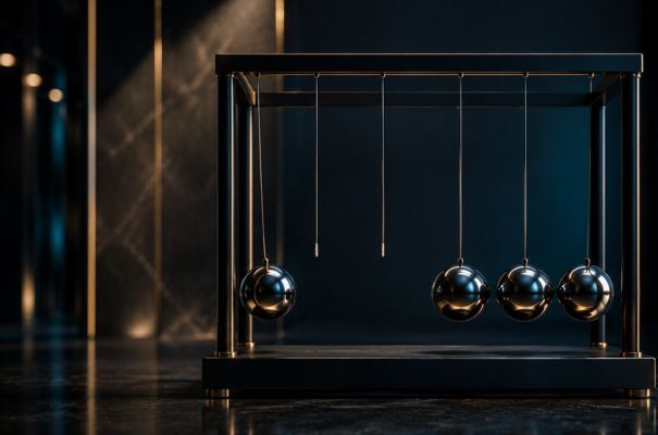 Luxuriöses Newton-Pendel mit fehlender Kugel in dunkler Architektur-Umgebung. Das Bild symbolisiert unterbrochene Follow-up-Prozesse, fehlende Struktur und gestörten operativen Ablauf in der Kundenkommunikation